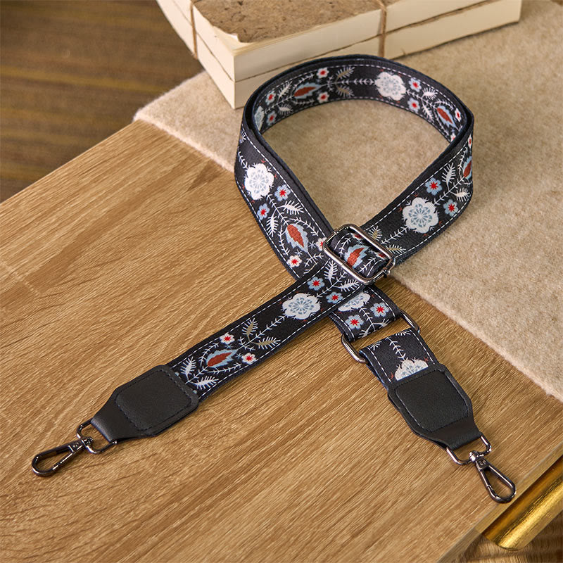 Cinghie di ricambio per borse a tracolla regolabili con motivo geometrico, motivo Buddha Stones Boho, nero e fiore - Fiore nero - 75-145 cm*3,8 cm - image 0