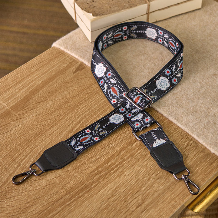 Cinghie di ricambio per borse a tracolla regolabili con motivo geometrico, motivo Buddha Stones Boho, nero e fiore - Fiore nero - 75-145 cm*3,8 cm - image 0