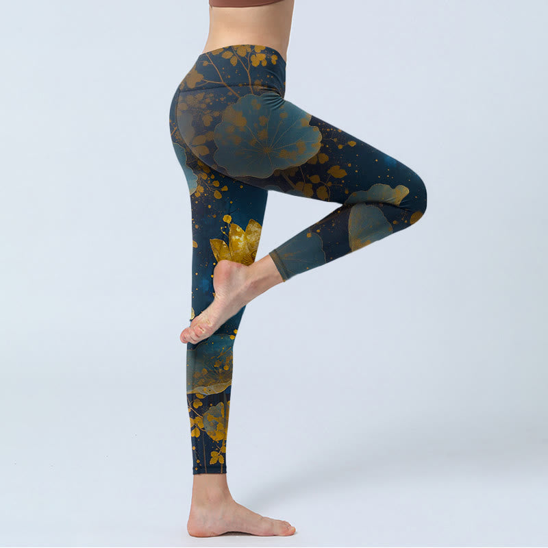 Leggings da palestra eleganti e dignitosi con motivo a macchie di foglie di fiore di loto, pantaloni da yoga da donna, modello Buddha Stones - image 3