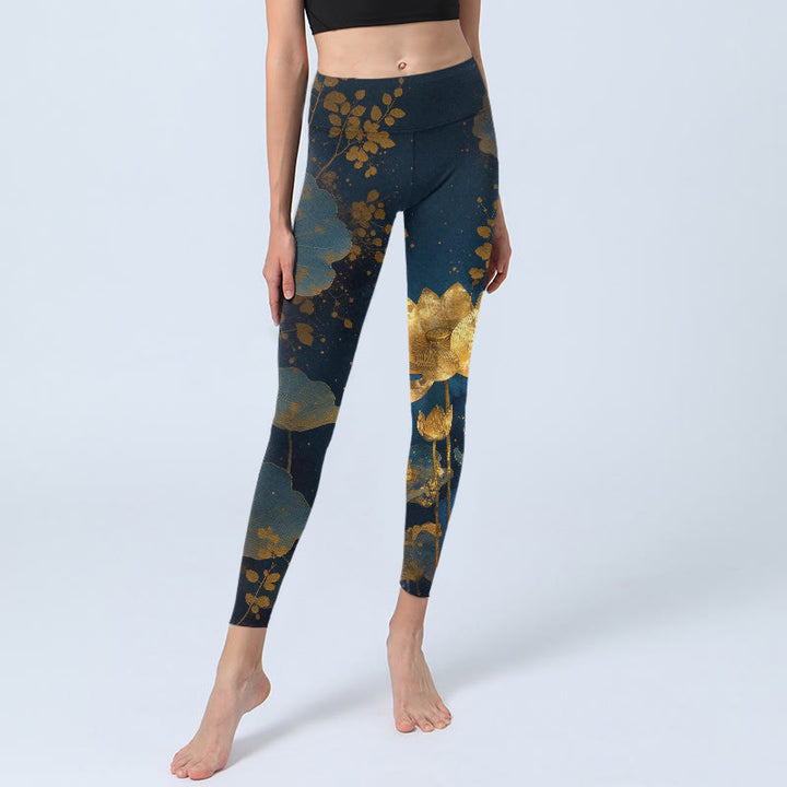 Leggings da palestra eleganti e dignitosi con motivo a macchie di foglie di fiore di loto, pantaloni da yoga da donna, modello Buddha Stones - image 5