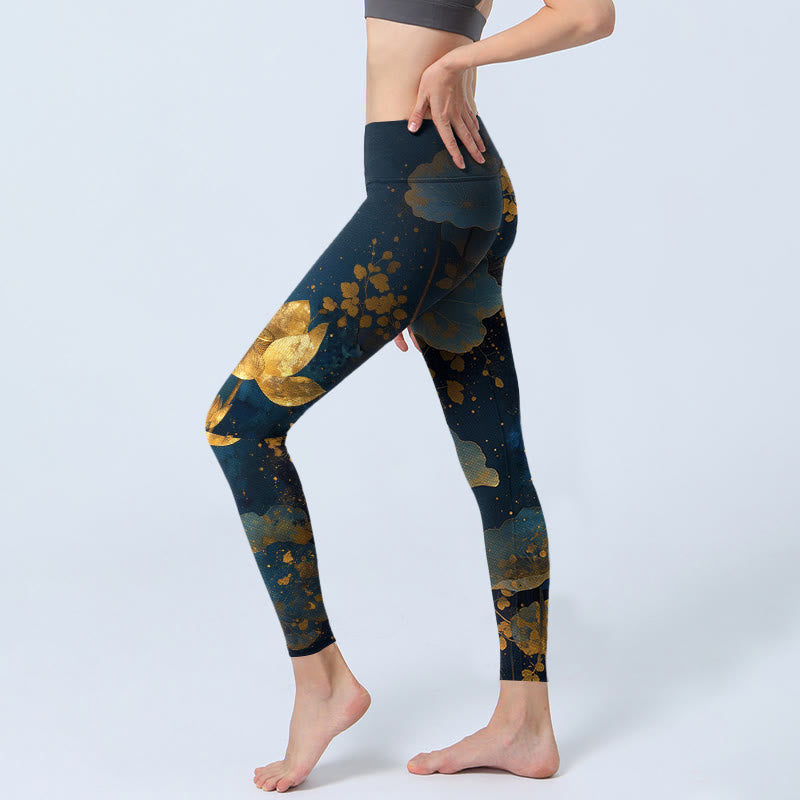 Leggings da palestra eleganti e dignitosi con motivo a macchie di foglie di fiore di loto, pantaloni da yoga da donna, modello Buddha Stones - image 2