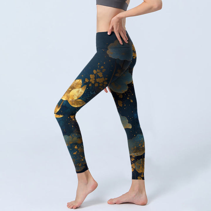 Leggings da palestra eleganti e dignitosi con motivo a macchie di foglie di fiore di loto, pantaloni da yoga da donna, modello Buddha Stones - image 2