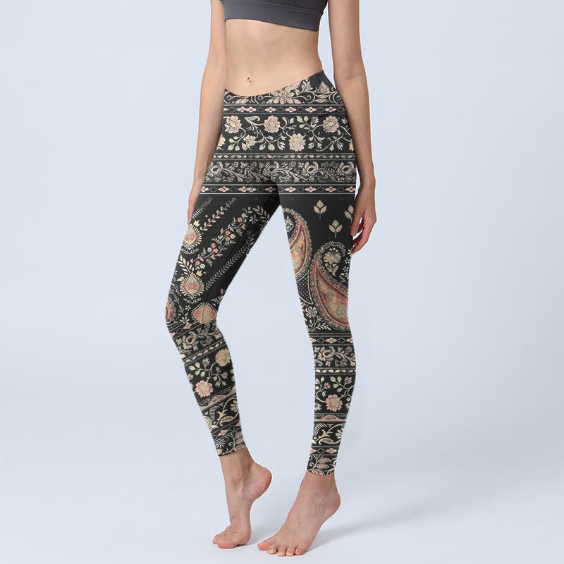 Leggings da palestra da donna con stampa di motivo ripetuto di fiori, foglie e viticci , Buddha Stones - Nero - US18, UK/AU22, EU50 (4XL) - image 0
