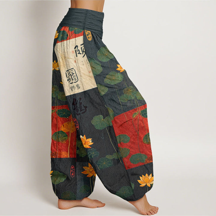 Pantaloni harem da donna con elastico in vita, motivo a fiori di loto Buddha Stones, in puro cotone, con forte impatto visivo - image 2