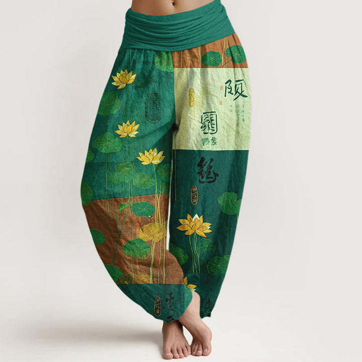 Pantaloni harem da donna con elastico in vita, motivo a fiori di loto Buddha Stones, in puro cotone, con forte impatto visivo - SeaGreen - US16, UK/AU20, EU48 (3XL) - image 5