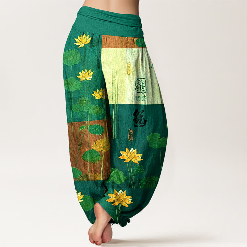 Pantaloni harem da donna con elastico in vita, motivo a fiori di loto Buddha Stones, in puro cotone, con forte impatto visivo - image 6