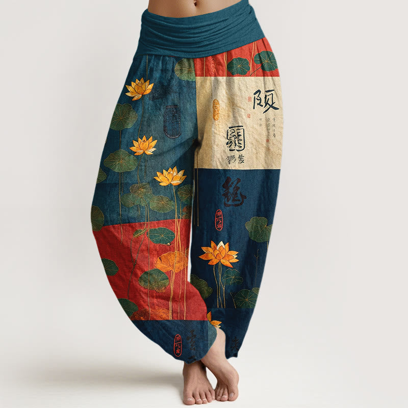 Pantaloni harem da donna con elastico in vita, motivo a fiori di loto Buddha Stones, in puro cotone, con forte impatto visivo - Blu medio - US16, UK/AU20, EU48 (3XL) - image 8