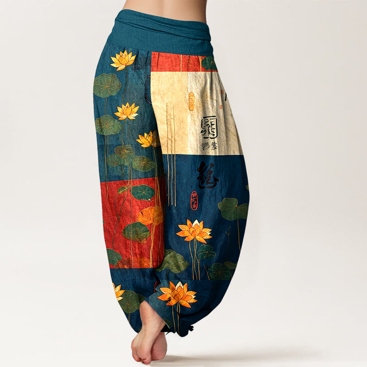 Pantaloni harem da donna con elastico in vita, motivo a fiori di loto Buddha Stones, in puro cotone, con forte impatto visivo - image 9