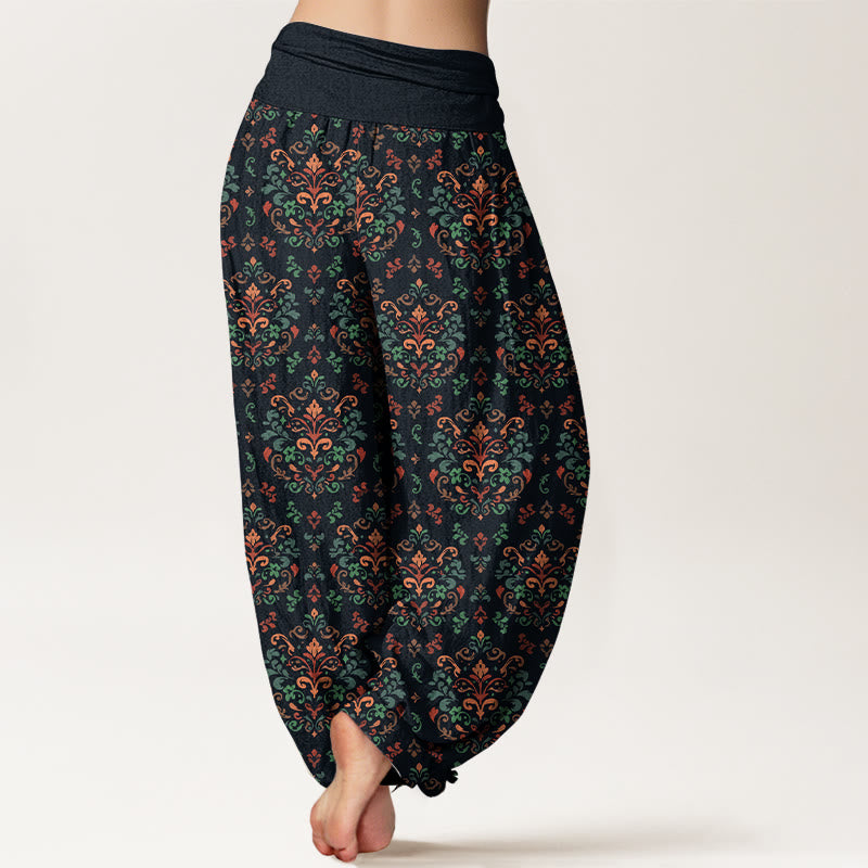 Pantaloni harem da donna con elastico in vita, in puro cotone, con motivo a fiori e foglie simmetrici retrò Buddha Stones - image 1