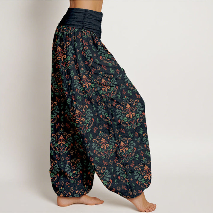 Pantaloni harem da donna con elastico in vita, in puro cotone, con motivo a fiori e foglie simmetrici retrò Buddha Stones - image 2