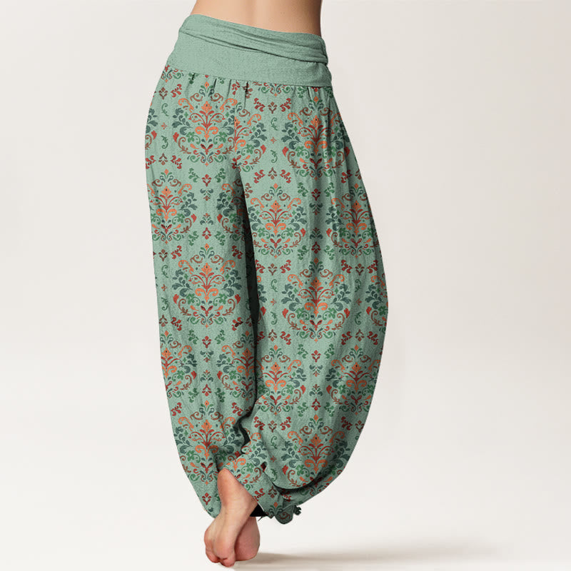 Pantaloni harem da donna con elastico in vita, in puro cotone, con motivo a fiori e foglie simmetrici retrò Buddha Stones - image 6