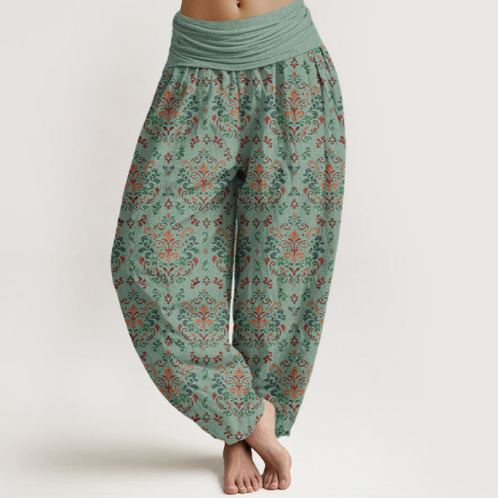 Pantaloni harem da donna con elastico in vita, in puro cotone, con motivo a fiori e foglie simmetrici retrò Buddha Stones - Acquamarina media - US16, UK/AU20, EU48 (3XL) - image 5