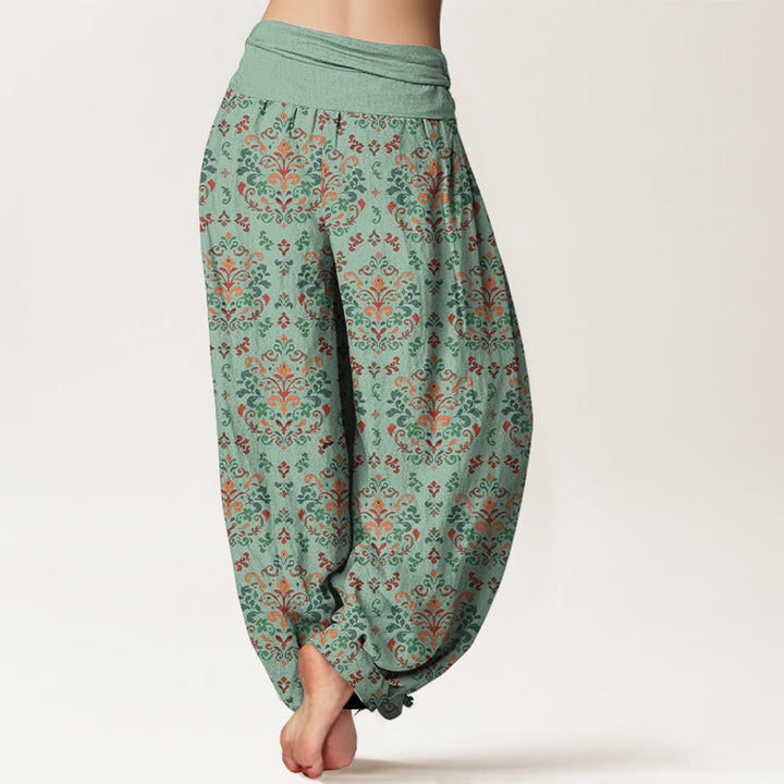 Pantaloni harem da donna con elastico in vita, in puro cotone, con motivo a fiori e foglie simmetrici retrò Buddha Stones - image 6