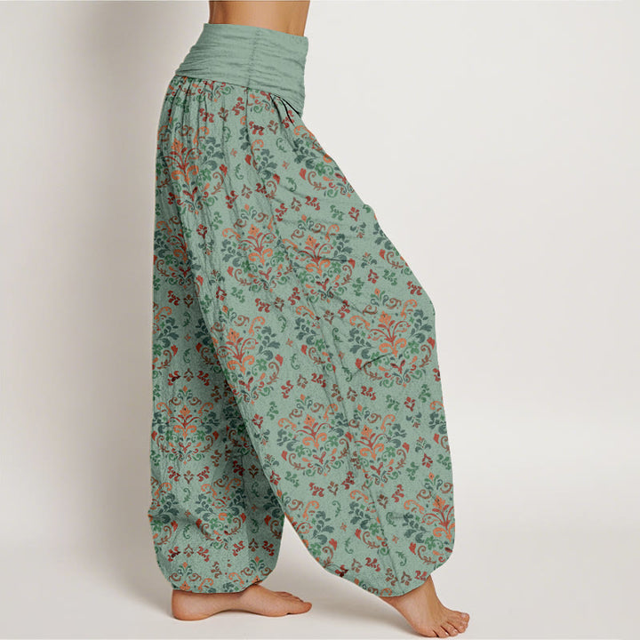 Pantaloni harem da donna con elastico in vita, in puro cotone, con motivo a fiori e foglie simmetrici retrò Buddha Stones - image 7