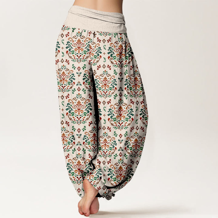 Pantaloni harem da donna con elastico in vita, in puro cotone, con motivo a fiori e foglie simmetrici retrò Buddha Stones - image 9