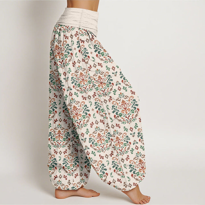 Pantaloni harem da donna con elastico in vita, in puro cotone, con motivo a fiori e foglie simmetrici retrò Buddha Stones - image 10