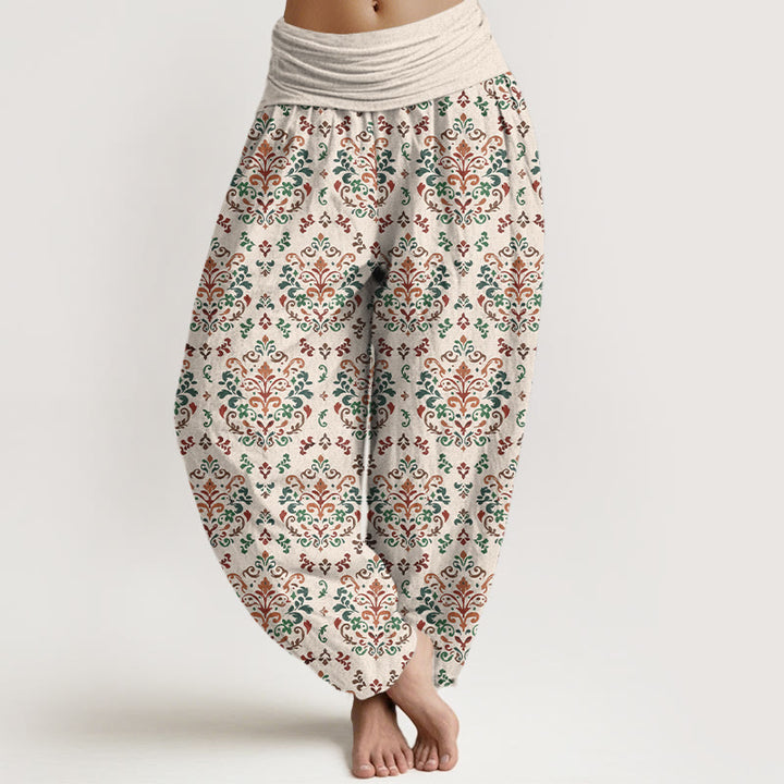 Pantaloni harem da donna con elastico in vita, in puro cotone, con motivo a fiori e foglie simmetrici retrò Buddha Stones - Beige - US16, UK/AU20, EU48 (3XL) - image 8