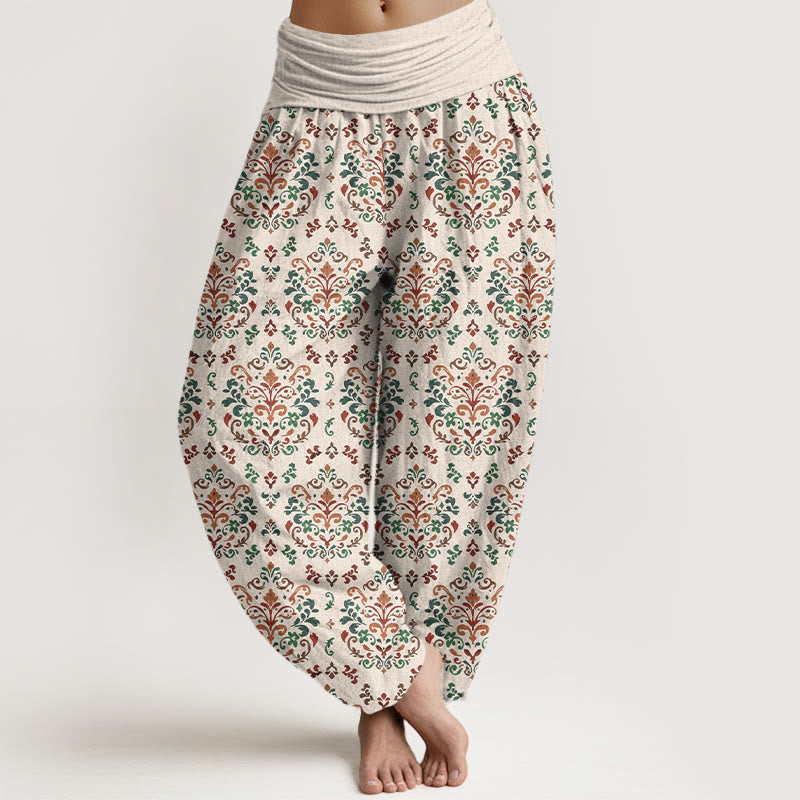 Pantaloni harem da donna con elastico in vita, in puro cotone, con motivo a fiori e foglie simmetrici retrò Buddha Stones - Beige - US16, UK/AU20, EU48 (3XL) - image 8