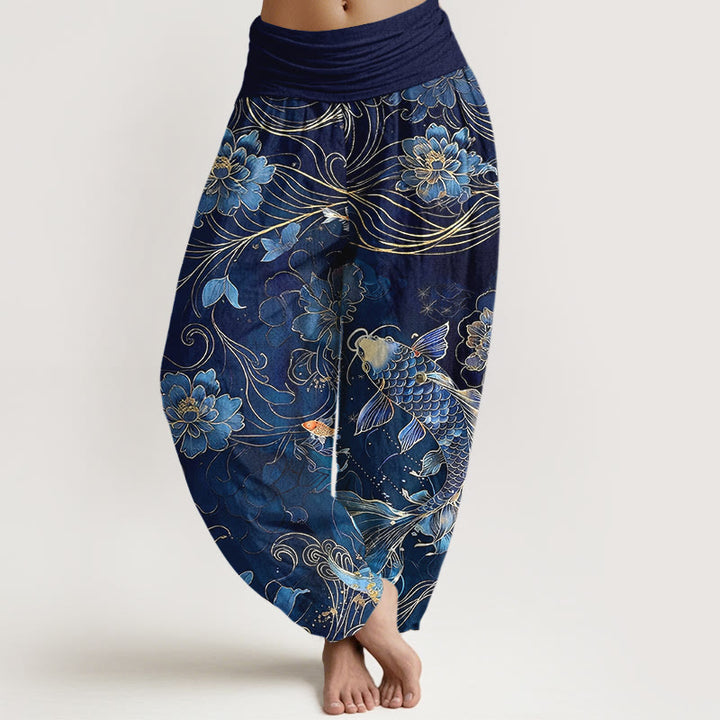 Pantaloni harem da donna con elastico in vita, motivo a peonie e pesci koi in puro cotone, modello Buddha Stones - Marina - US16, UK/AU20, EU48 (3XL) - image 0