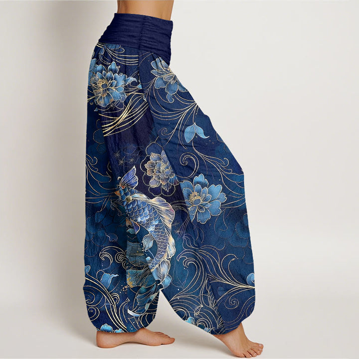 Pantaloni harem da donna con elastico in vita, motivo a peonie e pesci koi in puro cotone, modello Buddha Stones - image 2