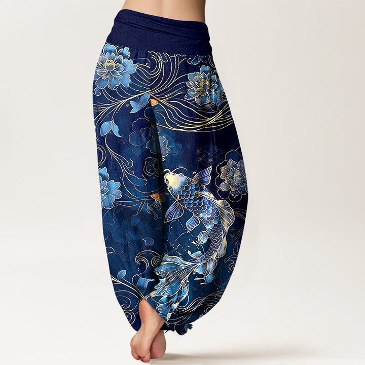 Pantaloni harem da donna con elastico in vita, motivo a peonie e pesci koi in puro cotone, modello Buddha Stones - image 1