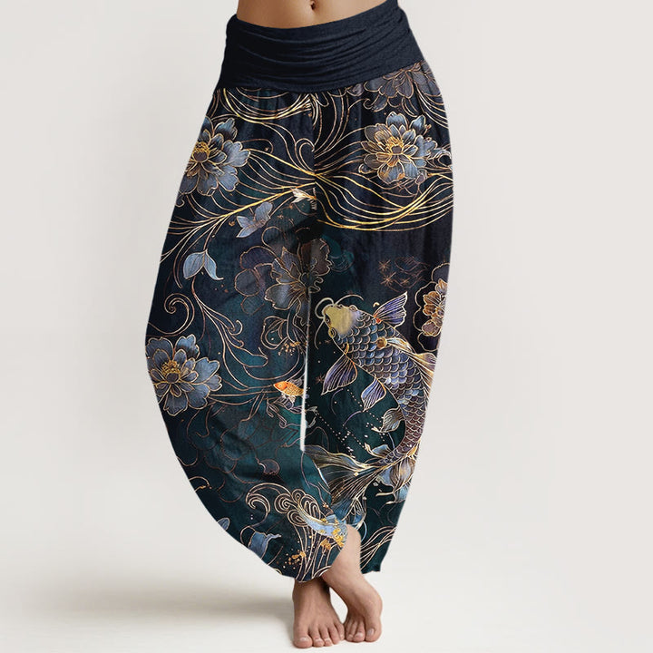 Pantaloni harem da donna con elastico in vita, motivo a peonie e pesci koi in puro cotone, modello Buddha Stones - Nero - US16, UK/AU20, EU48 (3XL) - image 5