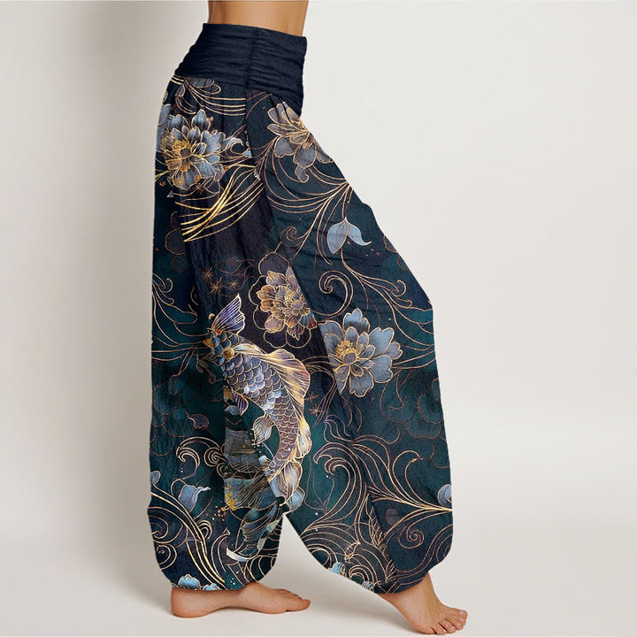 Pantaloni harem da donna con elastico in vita, motivo a peonie e pesci koi in puro cotone, modello Buddha Stones - image 7