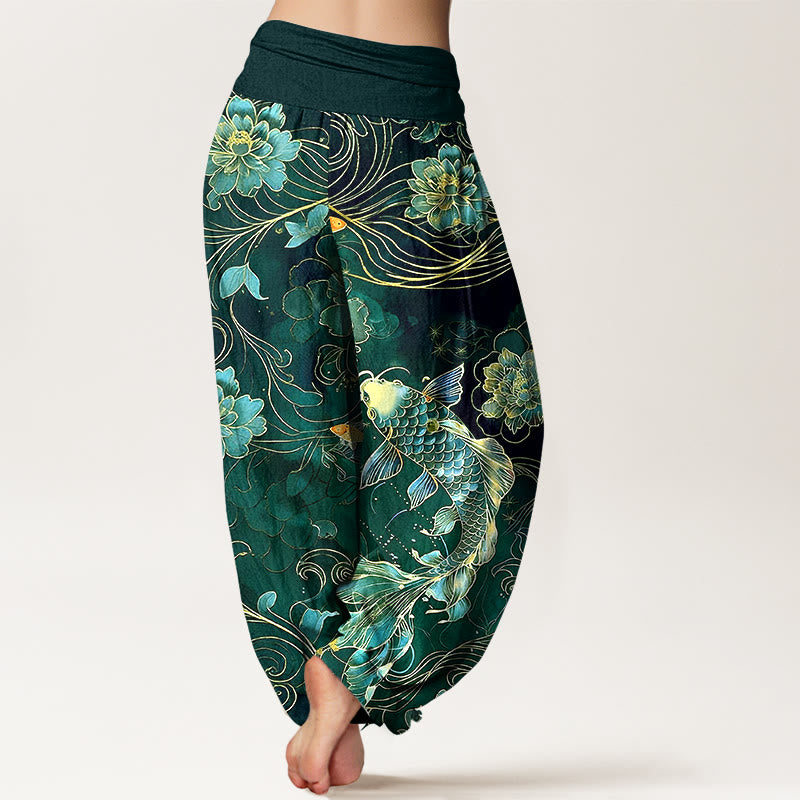 Pantaloni harem da donna con elastico in vita, motivo a peonie e pesci koi in puro cotone, modello Buddha Stones - image 9