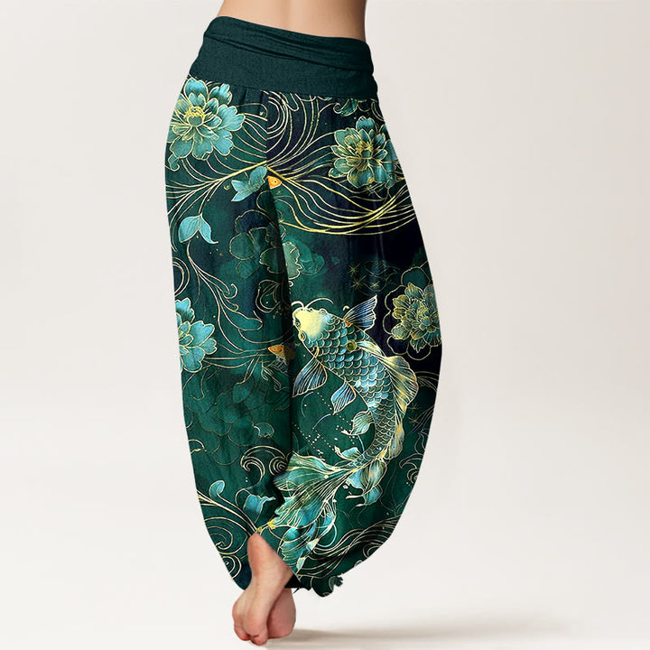 Pantaloni harem da donna con elastico in vita, motivo a peonie e pesci koi in puro cotone, modello Buddha Stones - image 9