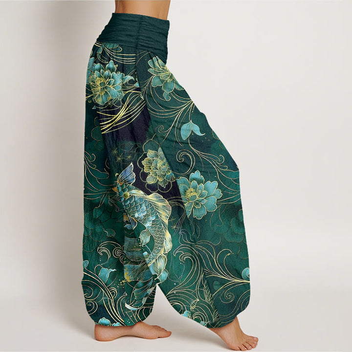 Pantaloni harem da donna con elastico in vita, motivo a peonie e pesci koi in puro cotone, modello Buddha Stones - image 10