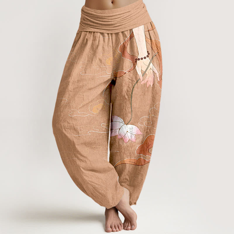 Pantaloni harem da donna con elastico in vita, motivo nuvole, con fiori di loto in puro cotone, Buddha Stones, nastri fluenti, rosari da indossare a mano - Salmone chiaro - US16, UK/AU20, EU48 (3XL) - image 0