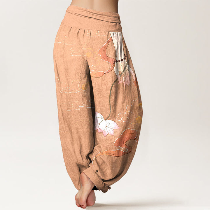 Pantaloni harem da donna con elastico in vita, motivo nuvole, con fiori di loto in puro cotone, Buddha Stones, nastri fluenti, rosari da indossare a mano - image 1