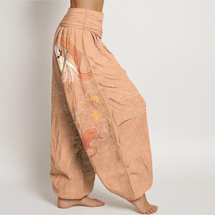 Pantaloni harem da donna con elastico in vita, motivo nuvole, con fiori di loto in puro cotone, Buddha Stones, nastri fluenti, rosari da indossare a mano - image 2