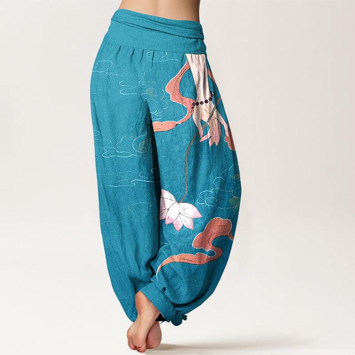 Pantaloni harem da donna con elastico in vita, motivo nuvole, con fiori di loto in puro cotone, Buddha Stones, nastri fluenti, rosari da indossare a mano - image 6