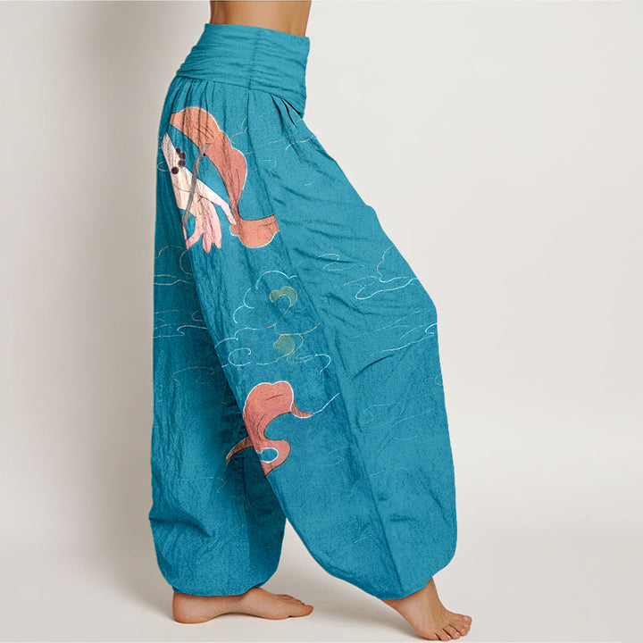 Pantaloni harem da donna con elastico in vita, motivo nuvole, con fiori di loto in puro cotone, Buddha Stones, nastri fluenti, rosari da indossare a mano - image 7