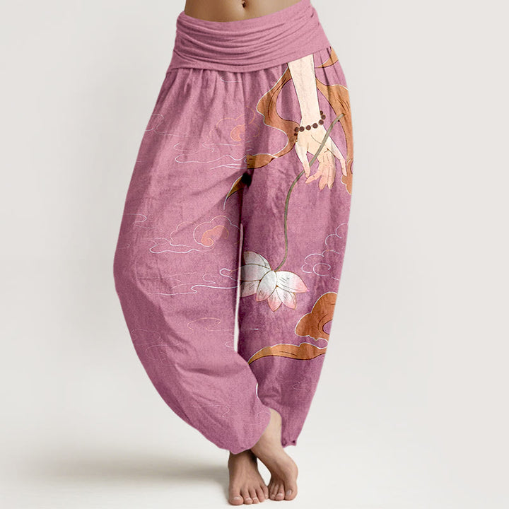 Pantaloni harem da donna con elastico in vita, motivo nuvole, con fiori di loto in puro cotone, Buddha Stones, nastri fluenti, rosari da indossare a mano - Rosa acceso - US16, UK/AU20, EU48 (3XL) - image 8