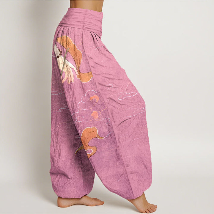 Pantaloni harem da donna con elastico in vita, motivo nuvole, con fiori di loto in puro cotone, Buddha Stones, nastri fluenti, rosari da indossare a mano - image 10