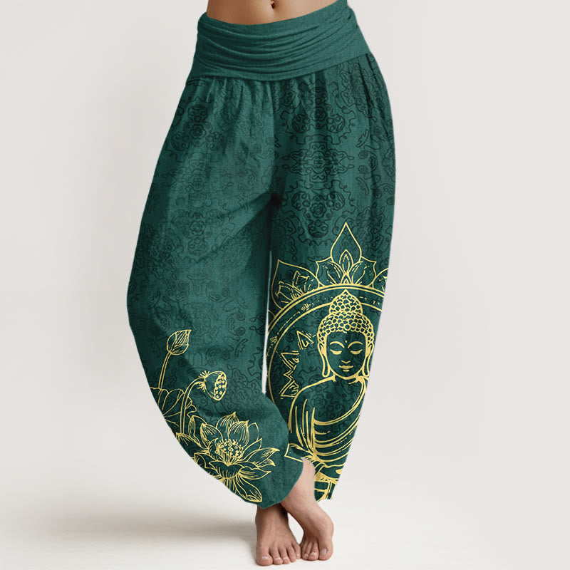 Pantaloni harem da donna con elastico in vita, motivo Buddha Stones in puro cotone con motivo classico di fiori di loto, baccelli di foglie e Buddha - Verde scuro - US16, UK/AU20, EU48 (3XL) - image 0