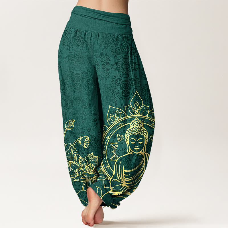 Pantaloni harem da donna con elastico in vita, motivo Buddha Stones in puro cotone con motivo classico di fiori di loto, baccelli di foglie e Buddha - image 1