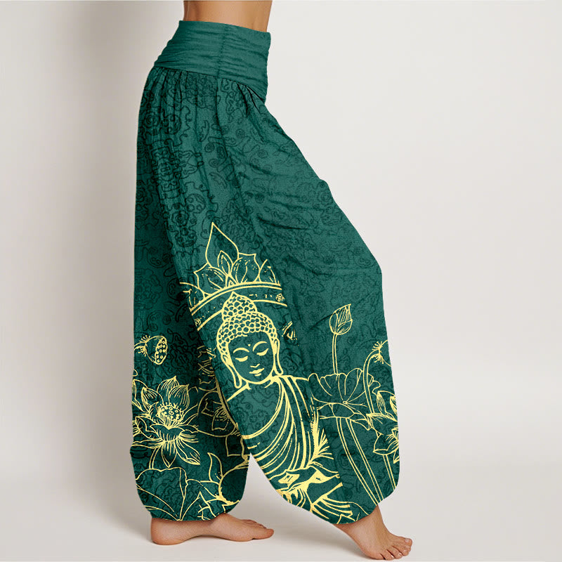 Pantaloni harem da donna con elastico in vita, motivo Buddha Stones in puro cotone con motivo classico di fiori di loto, baccelli di foglie e Buddha - image 2