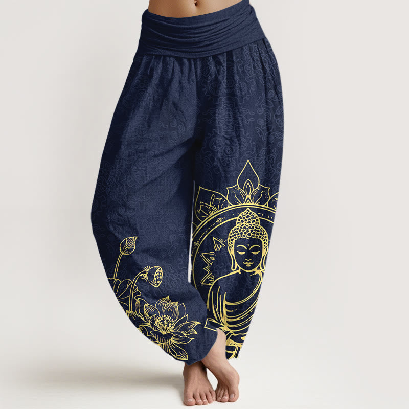 Pantaloni harem da donna con elastico in vita, motivo Buddha Stones in puro cotone con motivo classico di fiori di loto, baccelli di foglie e Buddha - Blu scuro - US16, UK/AU20, EU48 (3XL) - image 5