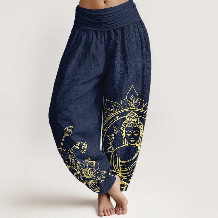 Pantaloni harem da donna con elastico in vita, motivo Buddha Stones in puro cotone con motivo classico di fiori di loto, baccelli di foglie e Buddha - Blu scuro - US16, UK/AU20, EU48 (3XL) - image 5
