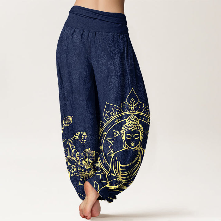 Pantaloni harem da donna con elastico in vita, motivo Buddha Stones in puro cotone con motivo classico di fiori di loto, baccelli di foglie e Buddha - image 6