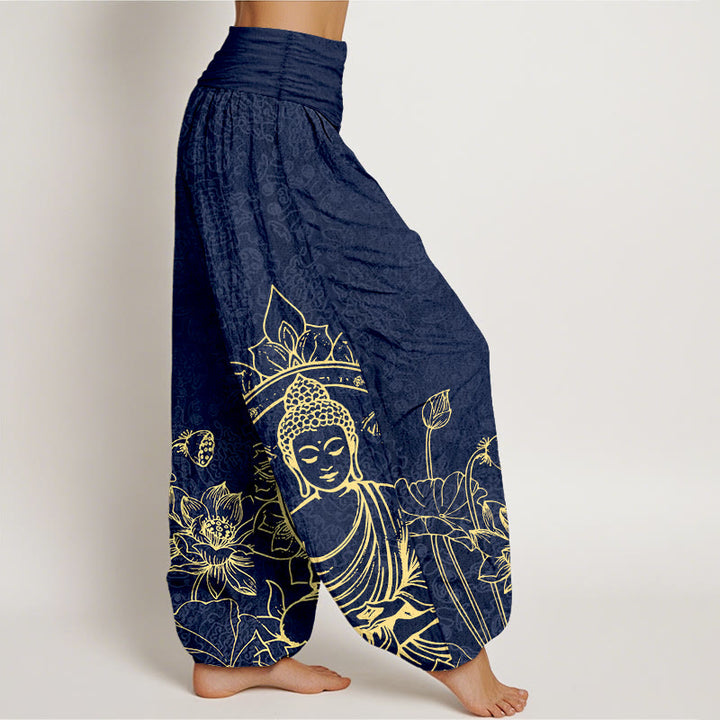 Pantaloni harem da donna con elastico in vita, motivo Buddha Stones in puro cotone con motivo classico di fiori di loto, baccelli di foglie e Buddha - image 7
