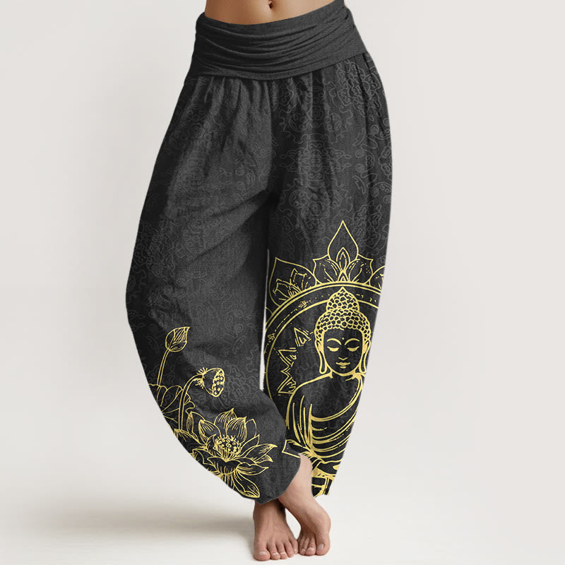Pantaloni harem da donna con elastico in vita, motivo Buddha Stones in puro cotone con motivo classico di fiori di loto, baccelli di foglie e Buddha - Nero - US16, UK/AU20, EU48 (3XL) - image 8