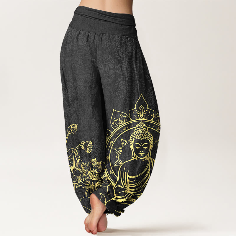 Pantaloni harem da donna con elastico in vita, motivo Buddha Stones in puro cotone con motivo classico di fiori di loto, baccelli di foglie e Buddha - image 9