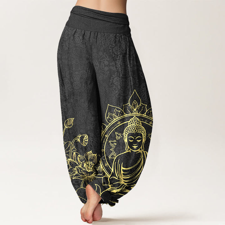 Pantaloni harem da donna con elastico in vita, motivo Buddha Stones in puro cotone con motivo classico di fiori di loto, baccelli di foglie e Buddha - image 9