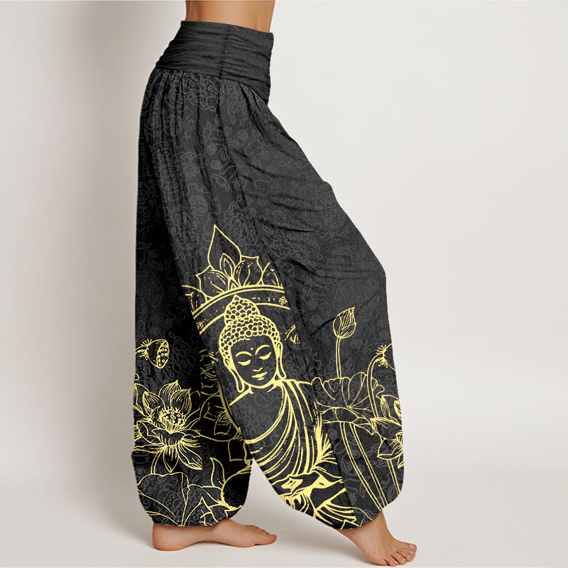 Pantaloni harem da donna con elastico in vita, motivo Buddha Stones in puro cotone con motivo classico di fiori di loto, baccelli di foglie e Buddha - image 10
