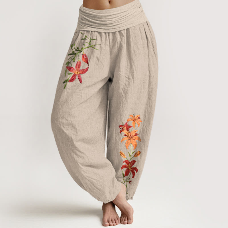 Pantaloni harem da donna con elastico in vita, motivo floreale a cinque petali, motivo floreale con gigli dai colori vivaci in puro cotone Buddha Stones - Abbronzatura - US16, UK/AU20, EU48 (3XL) - image 0