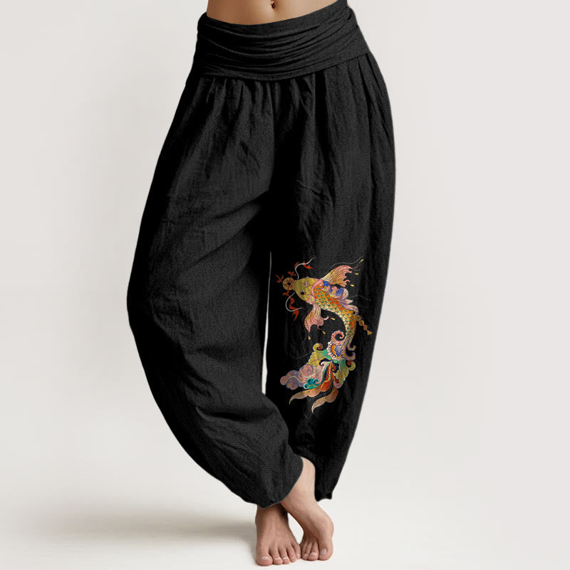 Pantaloni harem da donna con elastico in vita, motivo con pesci koi dai colori vivaci , Buddha Stones di rame e caratteri cinesi, in puro cotone - Nero - US16, UK/AU20, EU48 (3XL) - image 0